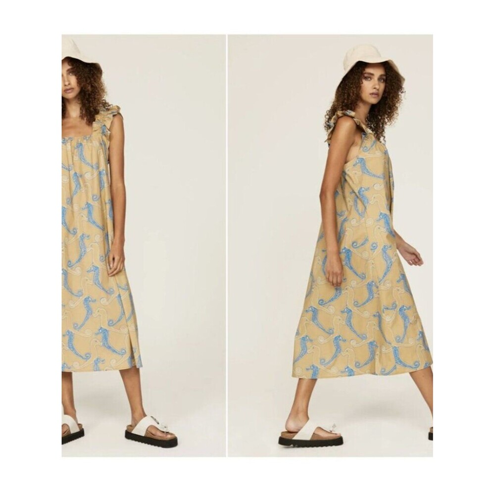 Samsoe Samsoe Gill Midi Dress Aqua Seahorse Ruffles Sleeveless Beach Summer M